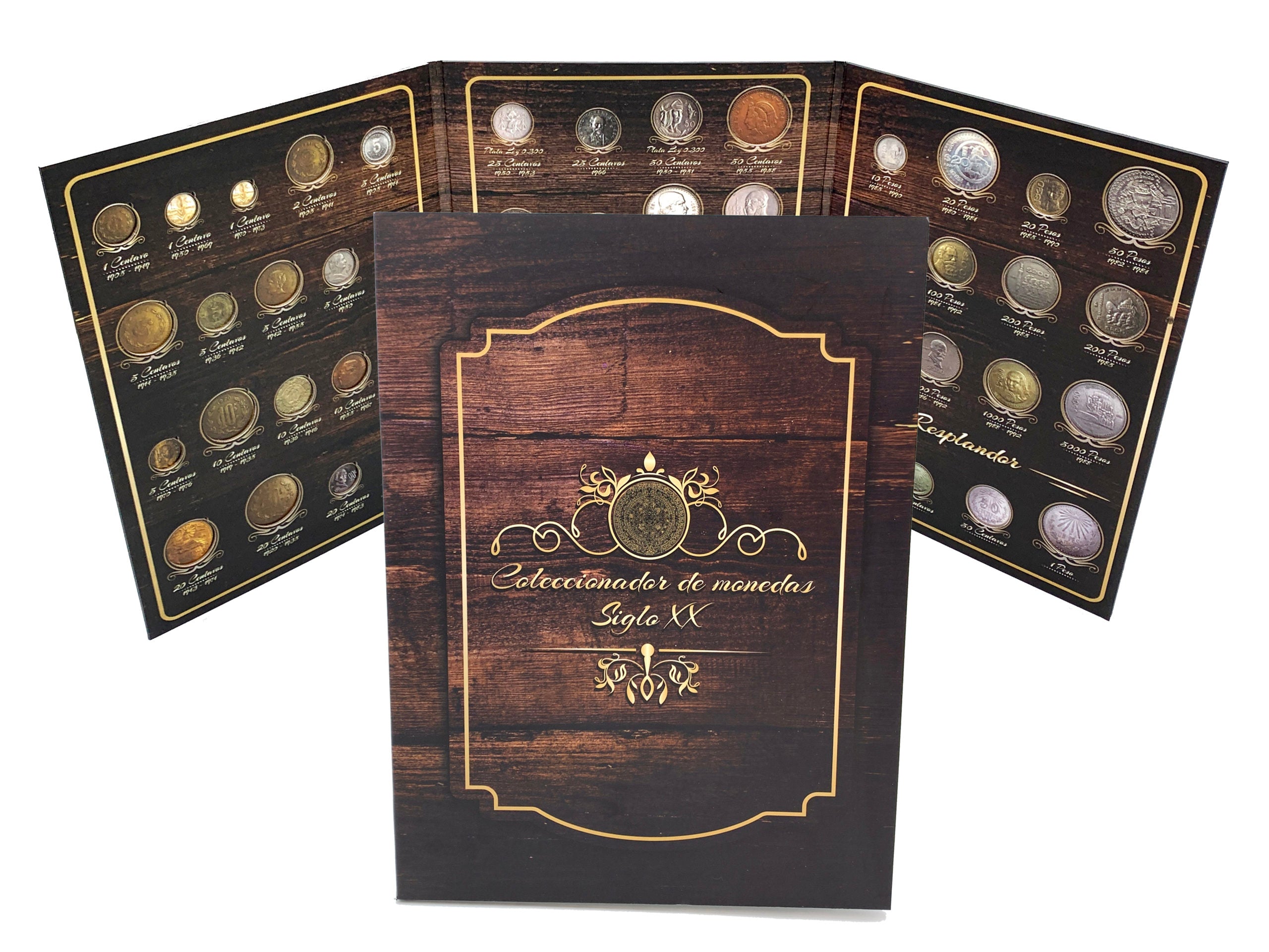 Álbum coleccionador de monedas mexicanas del siglo XX, edición tríptico, pasta dura con impresión tipo madera, capacidad para 51 monedas de diversas denominaciones desde 1905 hasta 1992. Álbum coleccionador de monedas mexicanas del siglo XX, edición tríptico, pasta dura con impresión tipo madera, capacidad para 51 monedas de diversas denominaciones desde 1905 hasta 1992.